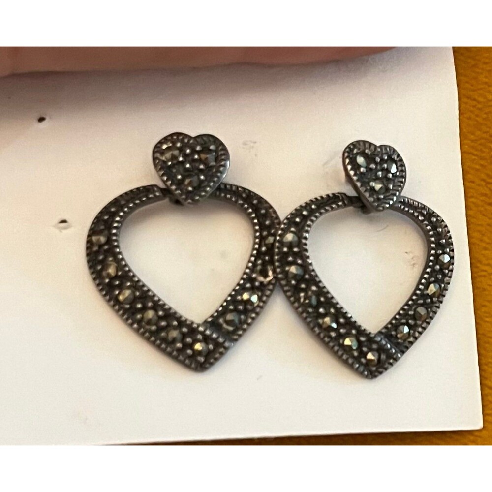 Sterling Silver & Marcasite Pierced Heart Earrings